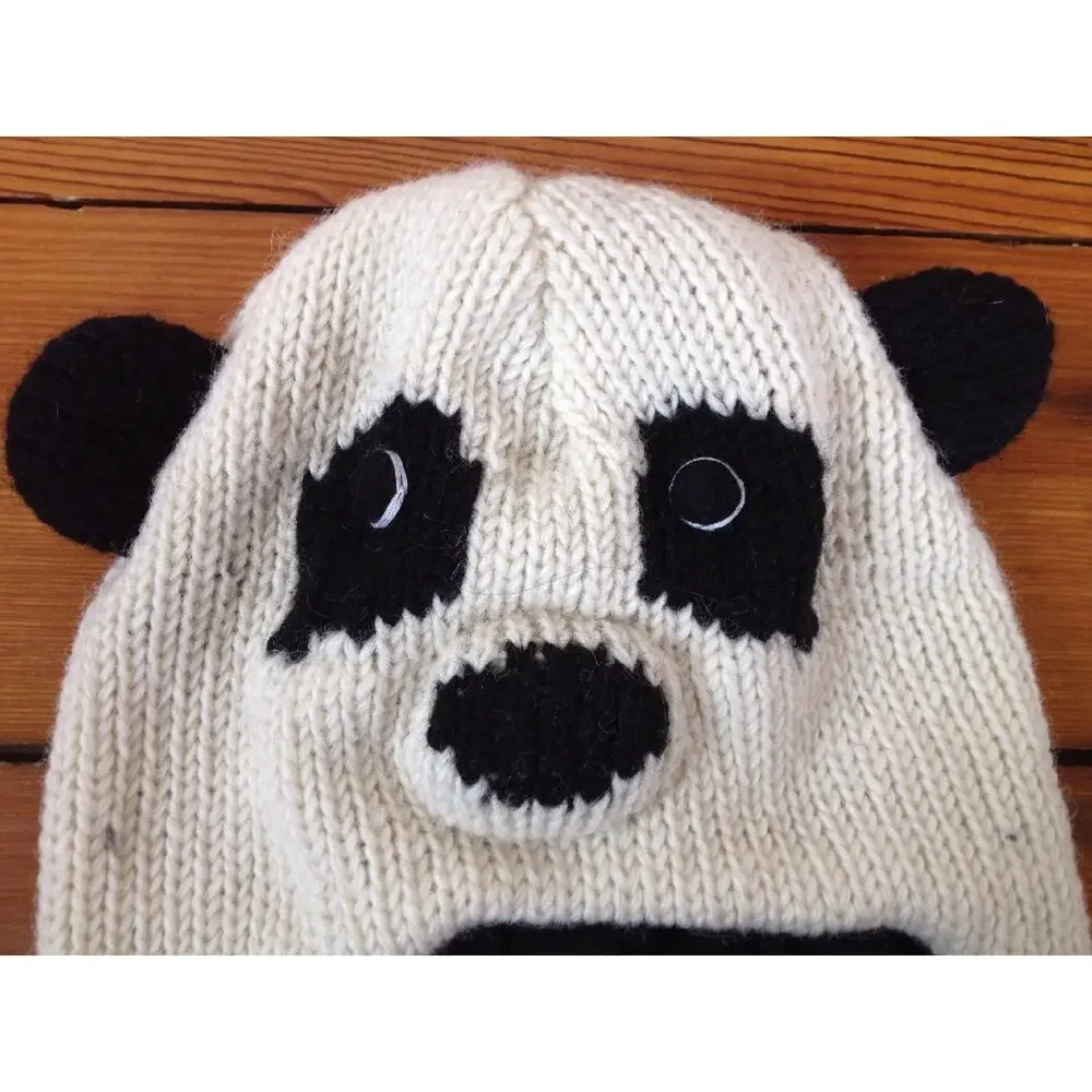 World Market 100% Wool Fleece Lined Panda Bear Head Hat Nepal Ear Flaps